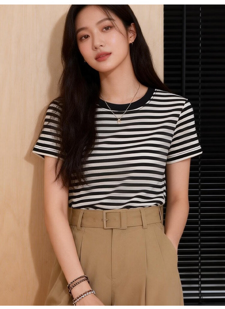 Yiershuang Women's Summer Base Layer T-Shirt, Lyocell Tencel Thin Striped Slimming Short Sleeve Top 14
