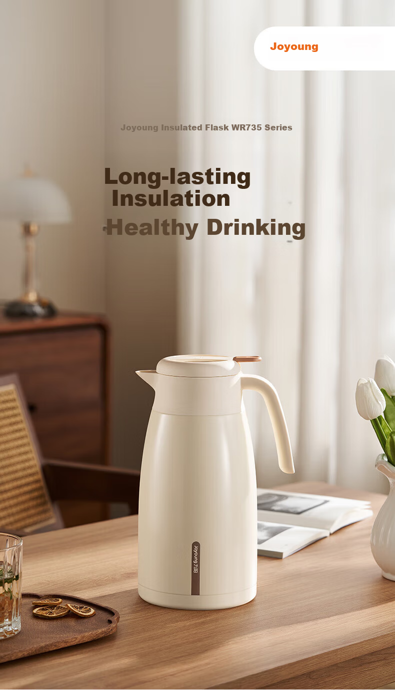 Joyoung Insulated Thermos Outdoor Large Capacity Water Bottle 304 Stainless Steel Vacuum Thermal Flask Hot Water Kettle Cream White 2L 1