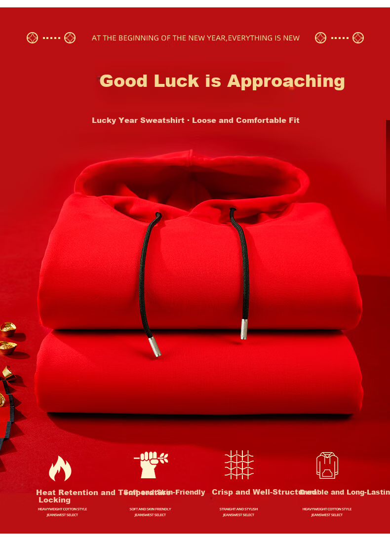Jeanswest Men's Hooded Sweatshirt Autumn Winter Year of the Horse Red Couple Long Sleeve New Year Jacket 3