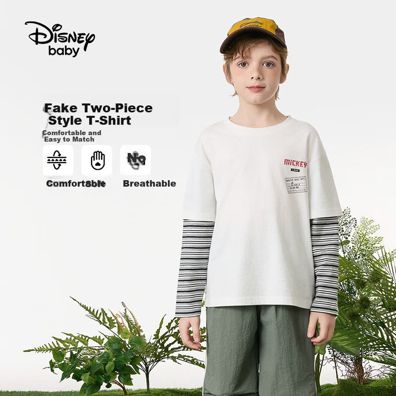 Disney Kids Boys and Girls Long Sleeve Faux Two-Piece Spring T-Shirt 2026 New Children's Cotton Base Layer Sweatshirt Trendy Cool