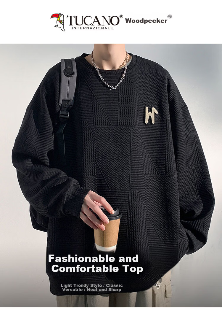 TUCANO Men's Casual Long Sleeve Sweatshirt Loose Fit Waffle Knit Pullover Black 4XL 1