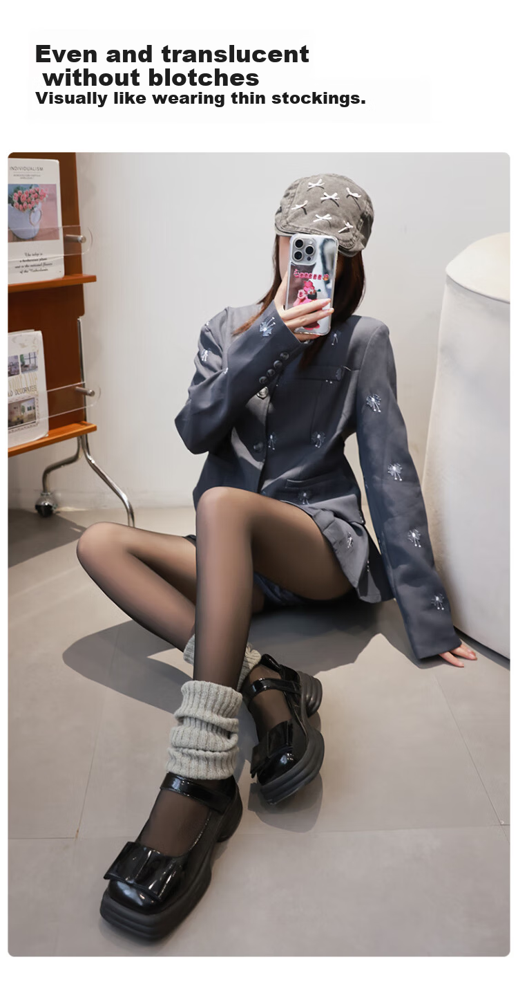 LangSha Black Sheer Skin-Effect Thickened Fleece-Lined Anti-Snag Footed Tights Black [Medium Thickness] 4