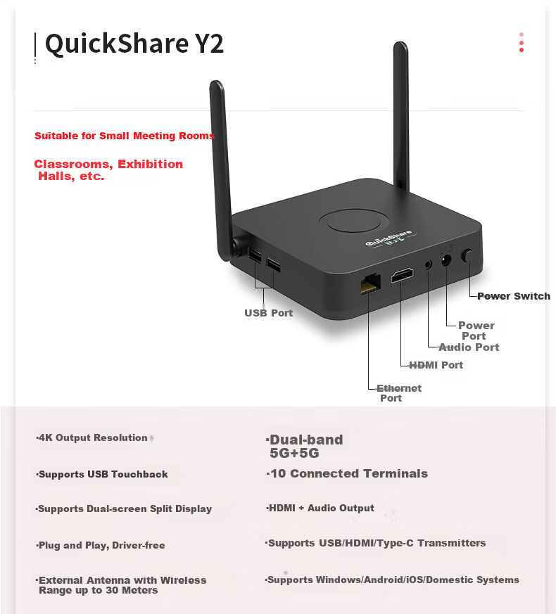QuickShare Wireless Screen Mirroring Device HDMI HD Audio Video Transmission for PC Mobile Tablet Conference Office Laptop USB One-Key Connect Smart TV Projector LED Large Screen 3