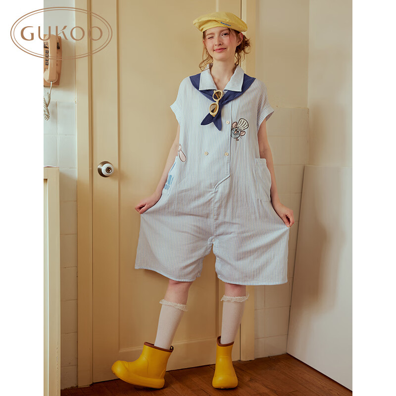 Gukoo Women's Summer Pajamas Ratatouille Doll Collar Nightdress Pure Cotton Jumpsuit Homewear Set Light Mist Blue S