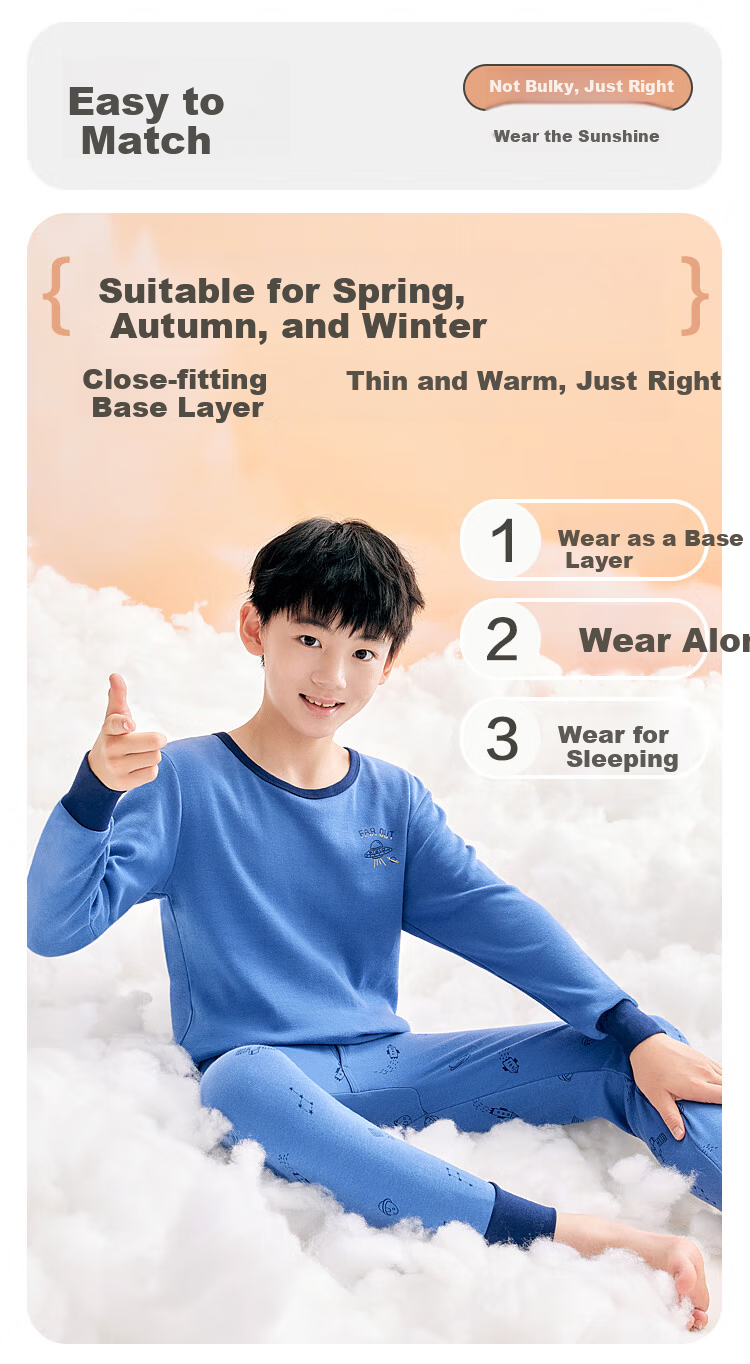 Hodohome Boys' Cotton Thermal Underwear Set Autumn Long Johns Pajamas 107 Blue Size 160 5
