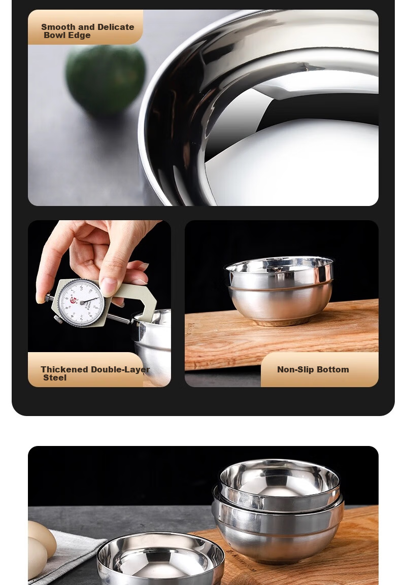 Shanyu Fu 304 Stainless Steel Bowl 12cm Double-Layer Thickened Insulated Soup and Rice Bowl Durable and Drop-Resistant Student Bowl 15