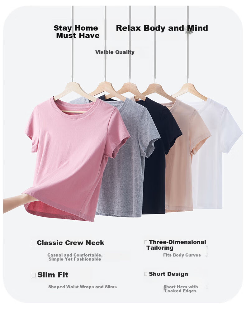 Yiershuang Women's 100% Cotton T-Shirt, Class A 7A Antibacterial, Anti-Mite, Deodorizing, Round Neck Short Sleeve Outerwear Base Shirt 6