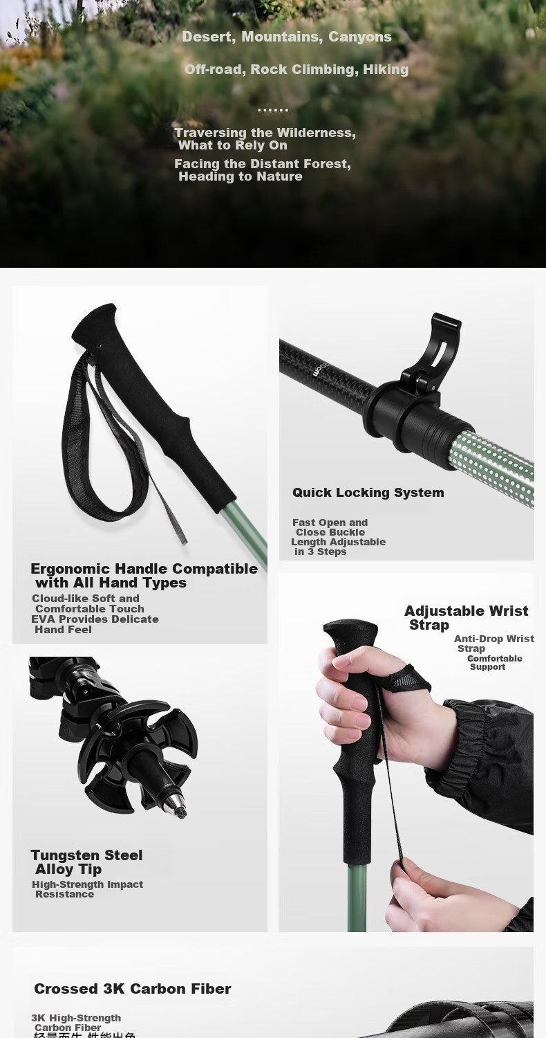 Yuanlin Trekking Pole Outdoor Hiking Lightweight Portable Telescopic Aluminum Alloy Walking Stick Self-Defense Cane Fairy Trail Green 3