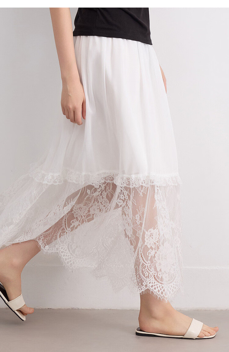 Demana [Yunsha Manwu] Summer Fresh Sweet Lace Splicing Lightweight Flowing Elastic Waist Mid-Length Skirt for Women 15