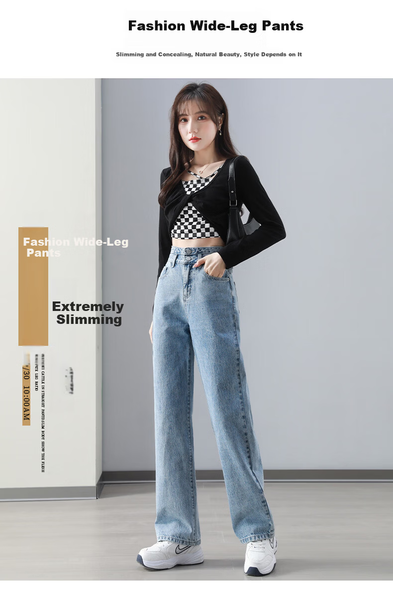 Romon High Waist Slimming Women's Jeans Summer Double Button Draped Loose Straight Wide Leg Pants Black Gray M 2