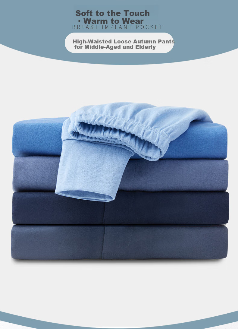 Bejirog Middle-aged and Elderly Men's Pure Cotton Autumn Pants Loose Fit Cotton Wool Pants Dad Style Plus Size Dark Blue + Light Blue 4XL 1