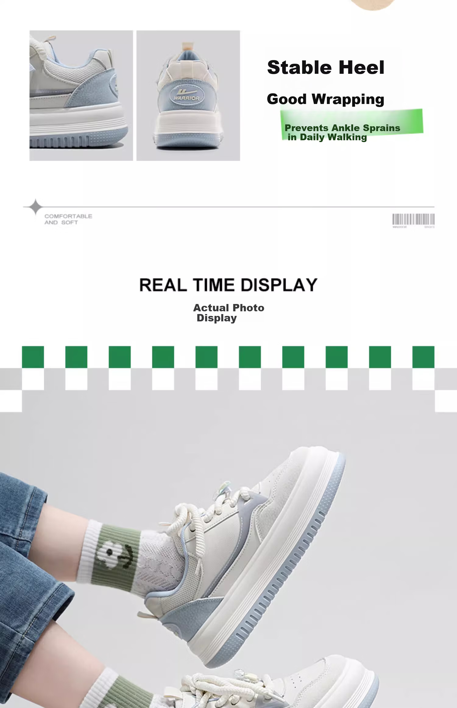 Warrior Official Women's Casual Shoes 2026 Summer New Thick Sole White Sneakers Breathable Shoes for Women Light Blue Size 37 12