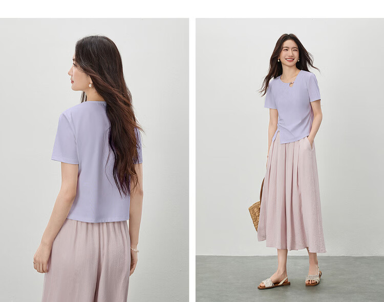 Shangdu Bila Cool Feeling Lyocell Cotton Women's T-Shirt Spring Summer Hollow Beaded Round Neck Elegant Top Curved Split Pleats Women's Wear 14