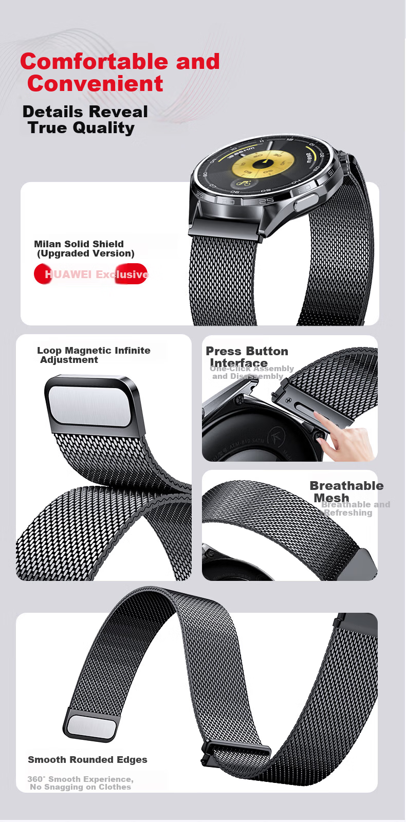 Competitor Milanese Stainless Steel Magnetic Strap for Huawei GT6/GT6 Pro/GT5/GT4/GT3 Pro Watch, Breathable Metal Band for Men, 46mm Business Wristband 3