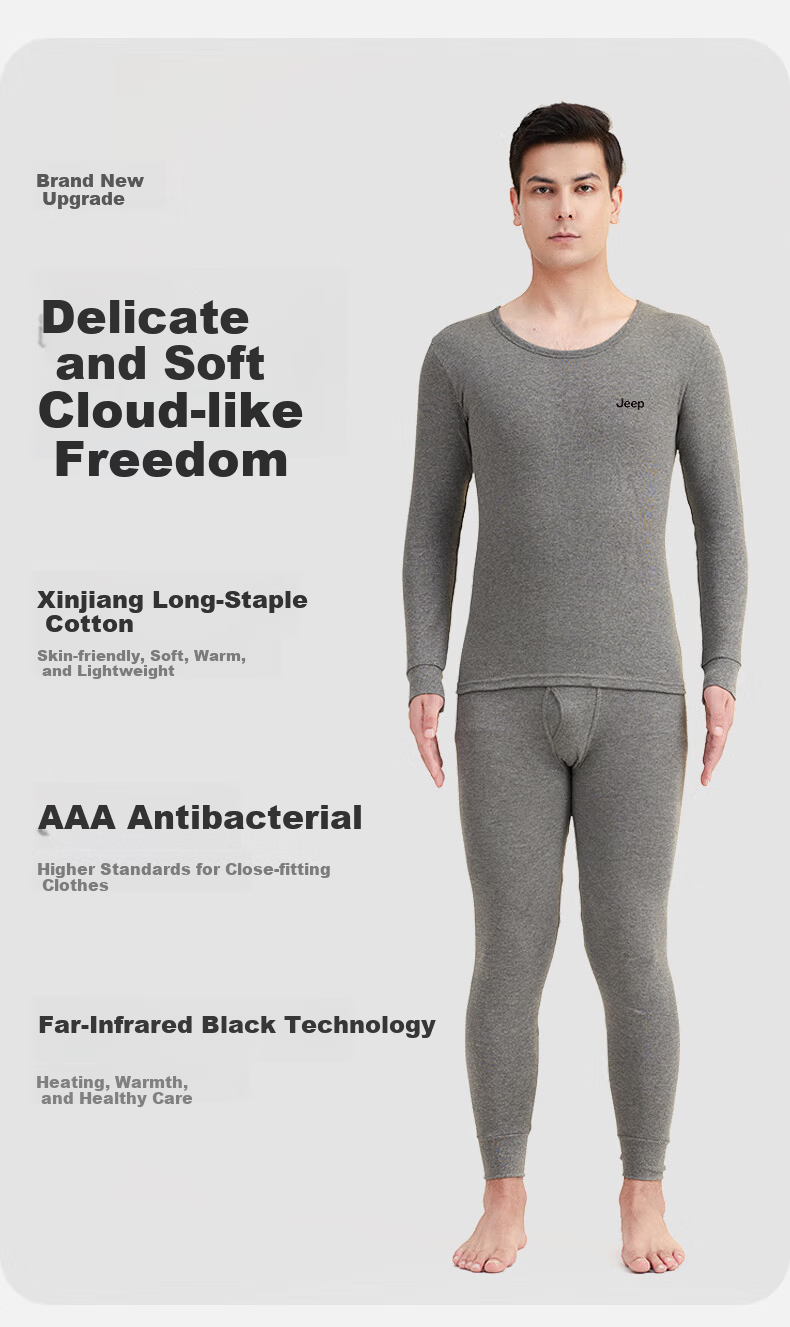 JEEP Men's Thermal Underwear Set [Pure Cotton + 7A Antibacterial] Autumn Long Johns Cold-Resistant Antibacterial Mite-Resistant Lightweight Set 3