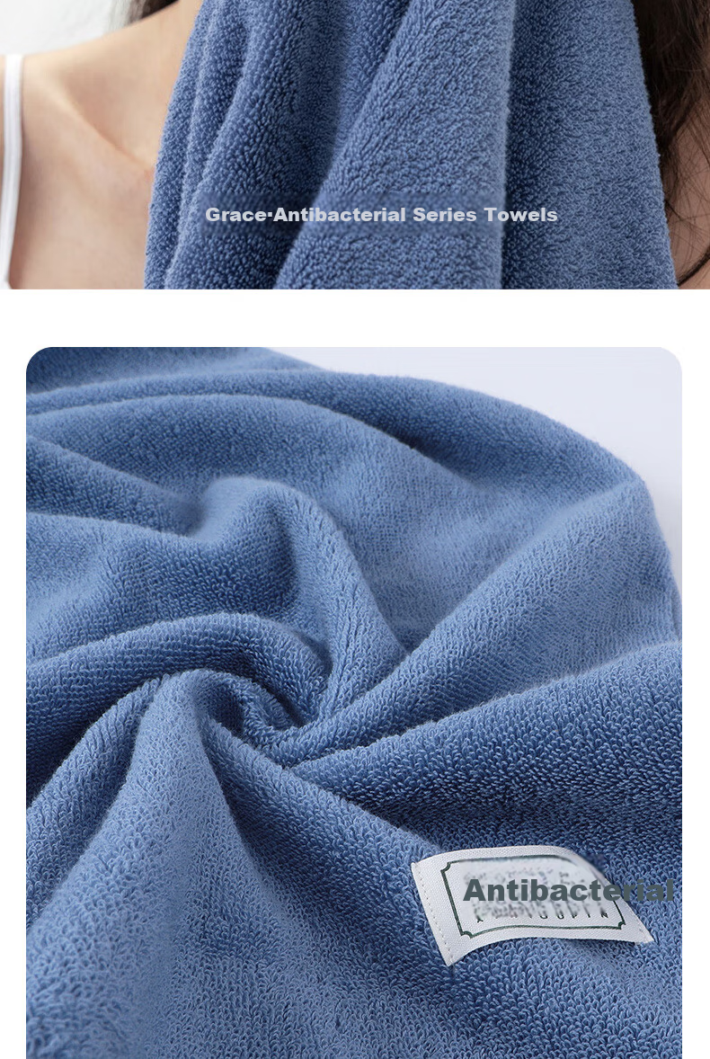 Grace Pure Cotton Grade 3 Antibacterial Towels 2-Pack Combed Cotton Unisex Face and Bath Towels 90g Blue+Gray Sports 4
