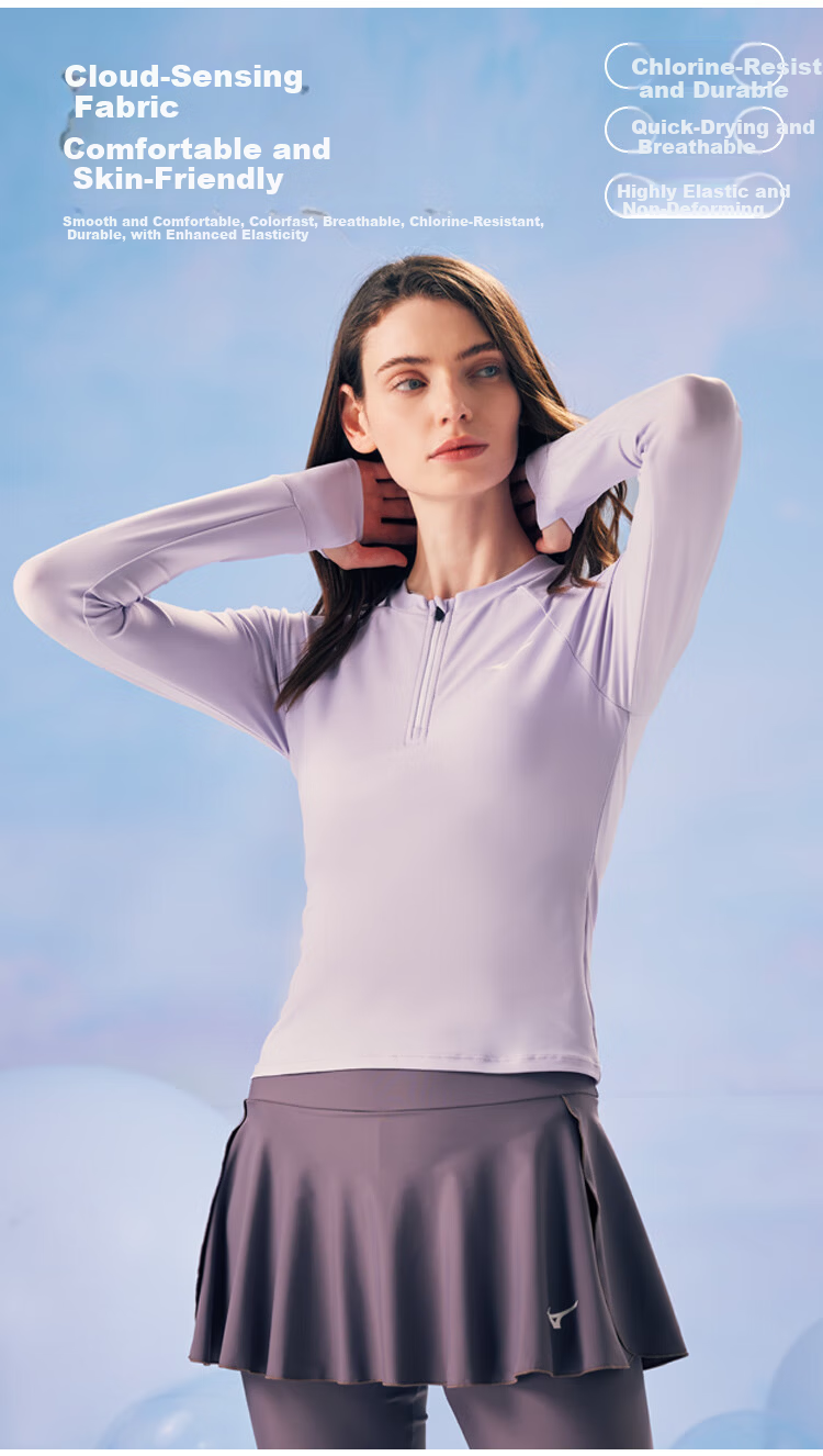 MIZUNO Women's Two-Piece Long Sleeve Sun Protection Swimsuit Quick-Dry Plus Size Slimming One-Piece Skirted Swim Shorts 315 Purple M 6