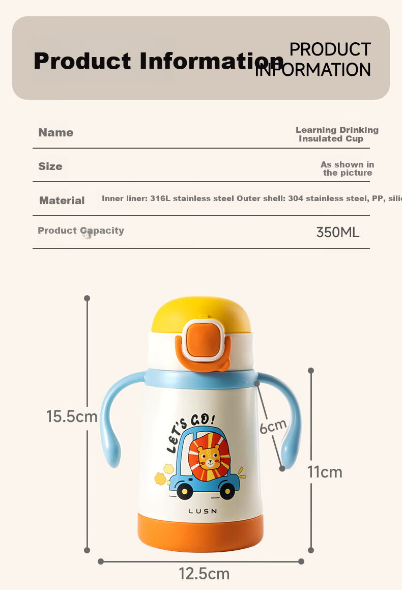 LUSN Kids Insulated Straw Cup Baby Sippy Cup Infant Drinking Cup Baby Bottle Kindergarten 316L Stainless Steel Water Bottle 13