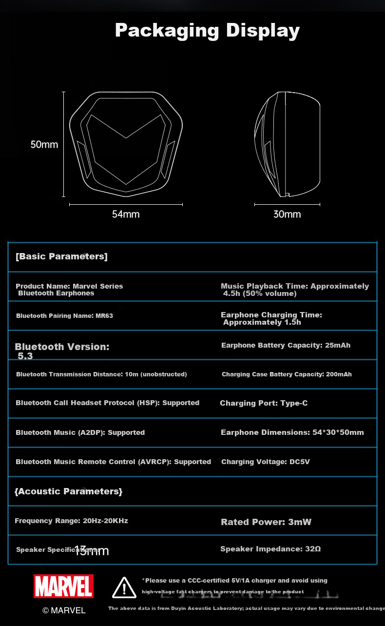 DISNEY Marvel Collaboration Bluetooth Earphones High-Value Mecha Gaming Surround Sound In-Ear Headphones Back-to-School Gift for Boys MR63 Black Panther 12