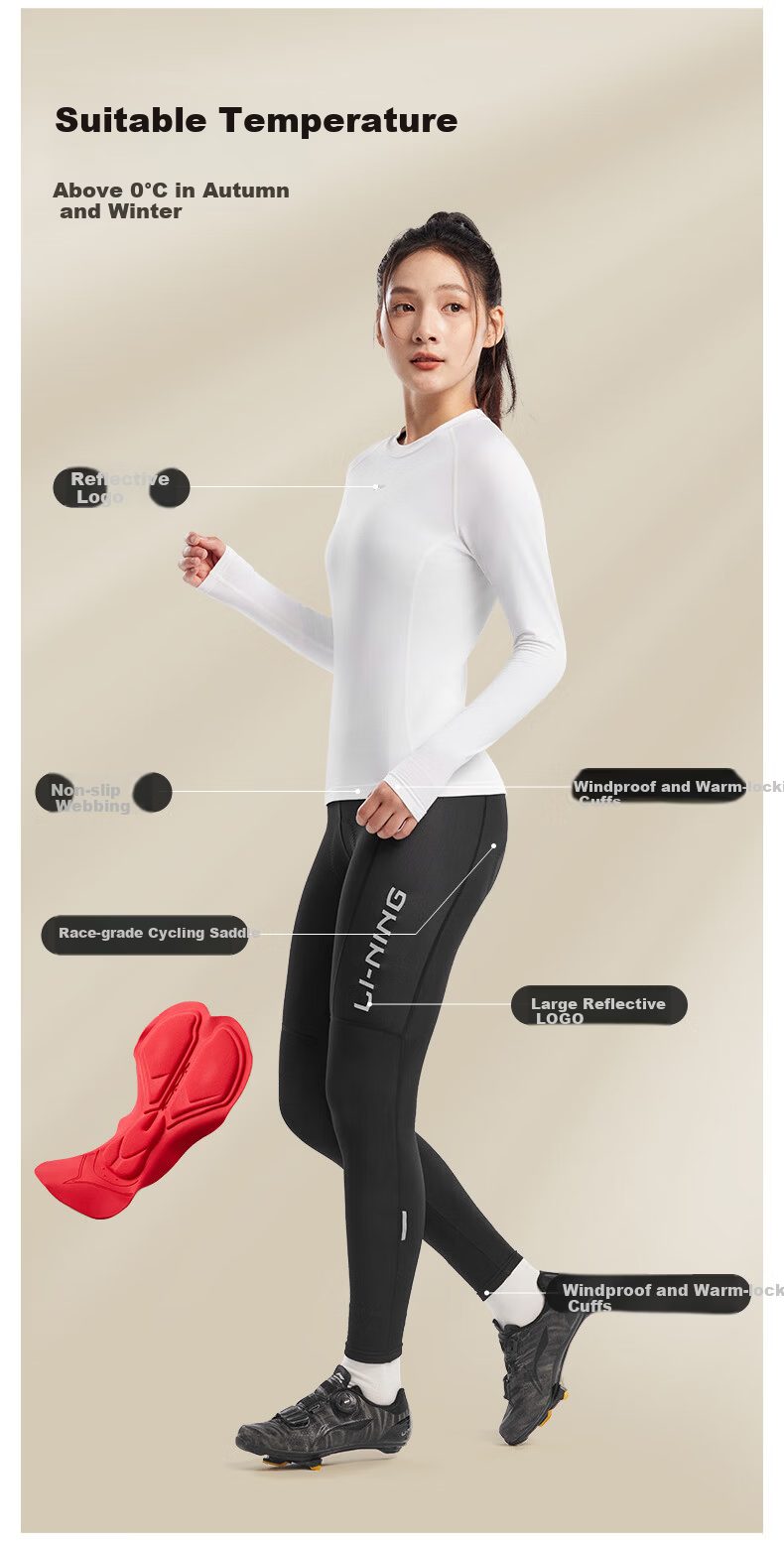 LI-NING Women's Long Sleeve Cycling Base Layer Fleece Thermal Slim Fit Road Bike Jersey Spring Top 4