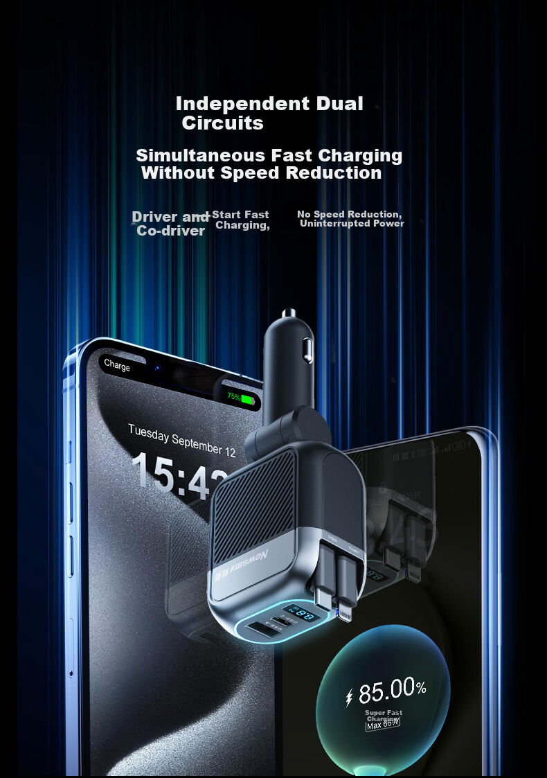 Newsmy Car Charger Super Fast Charging with Retractable Cable Multi-Function 3-in-1 Cigarette Lighter Adapter Car Charger 14