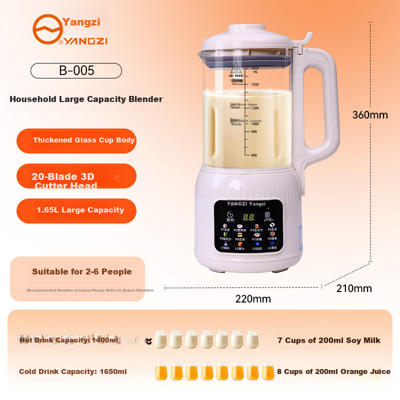 Yangzi Fully Automatic Soy Milk Maker and Blender 5-6 Functions, Self-Cleaning, 1.65L Large Capacity, 20-Blade Juicer B-005