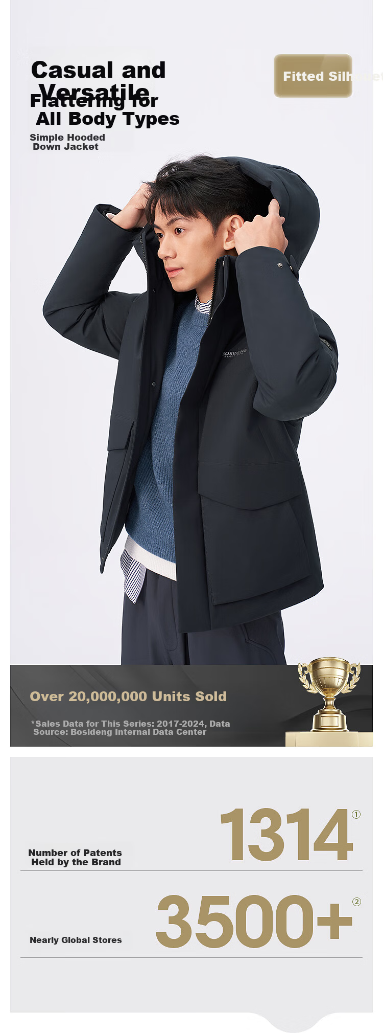 BOSIDENG 25-Year Winter Men's 90% Down Loose Casual Thickened Hooded Crew Neck Classic Casual Gift Jacket 1