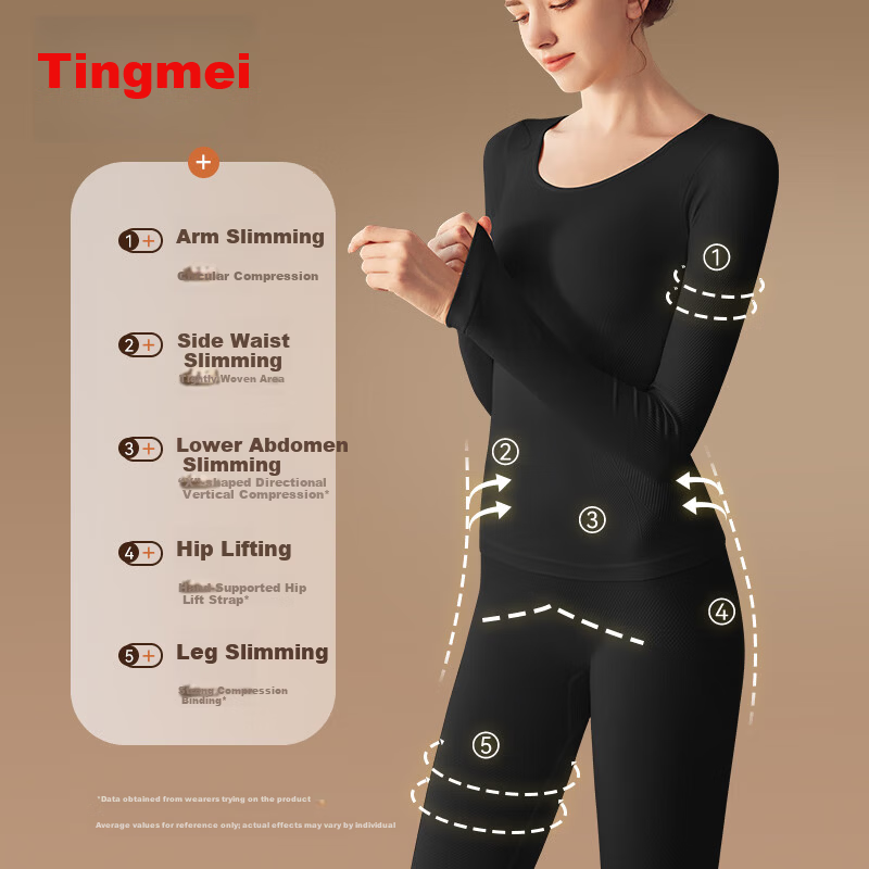 Tingmei Women's Thermal Underwear Slim Fit Seamless Base Layer Set Autumn and Spring Black M