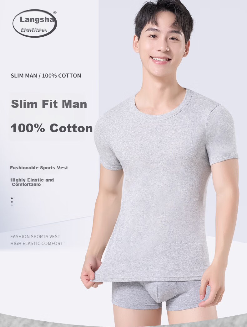 LangSha Men's Short Sleeve Pure Cotton Antibacterial Thin T-Shirt White 1
