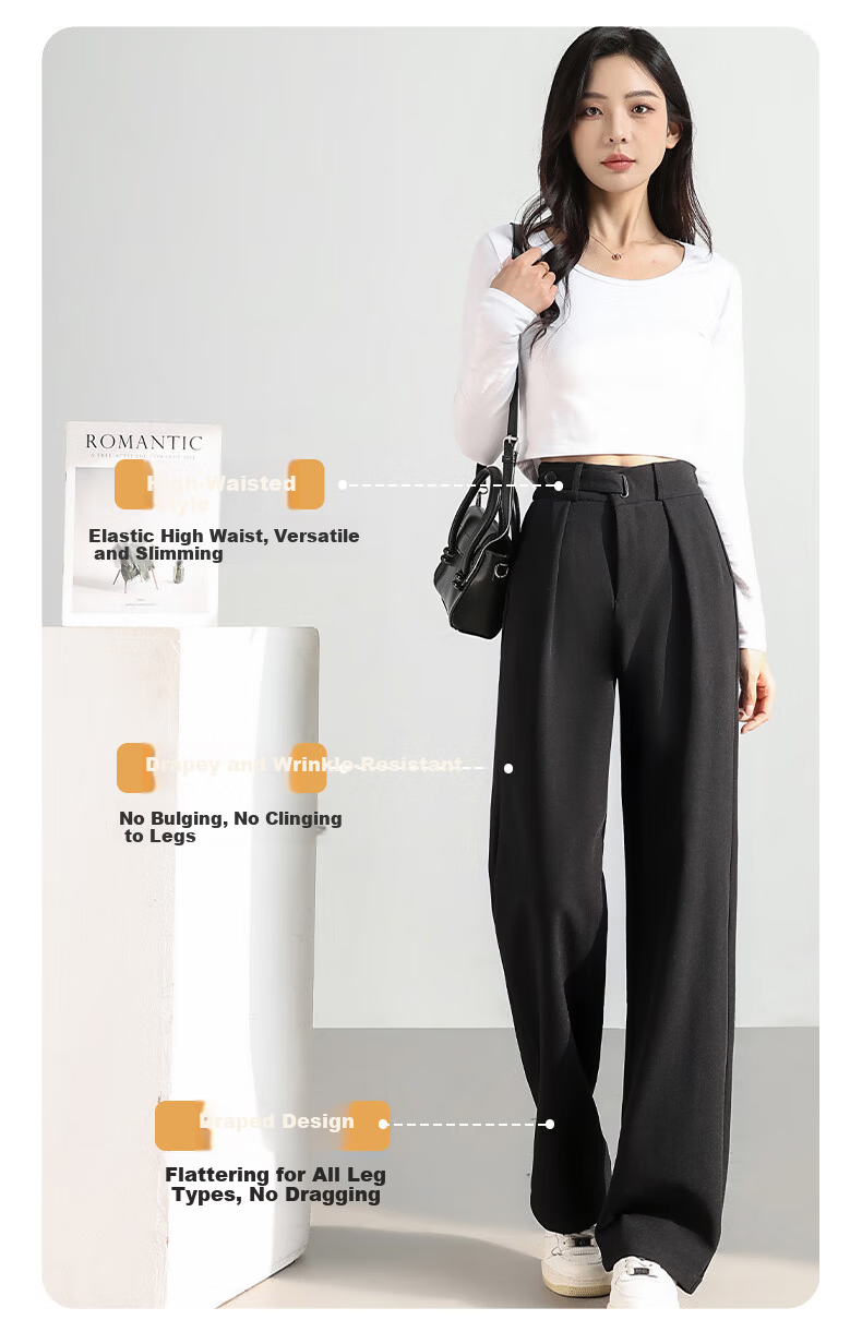FitonTon Women's Black Early Autumn 2025 Draped Elegant Casual Wide-Leg Straight-Leg Trousers 4