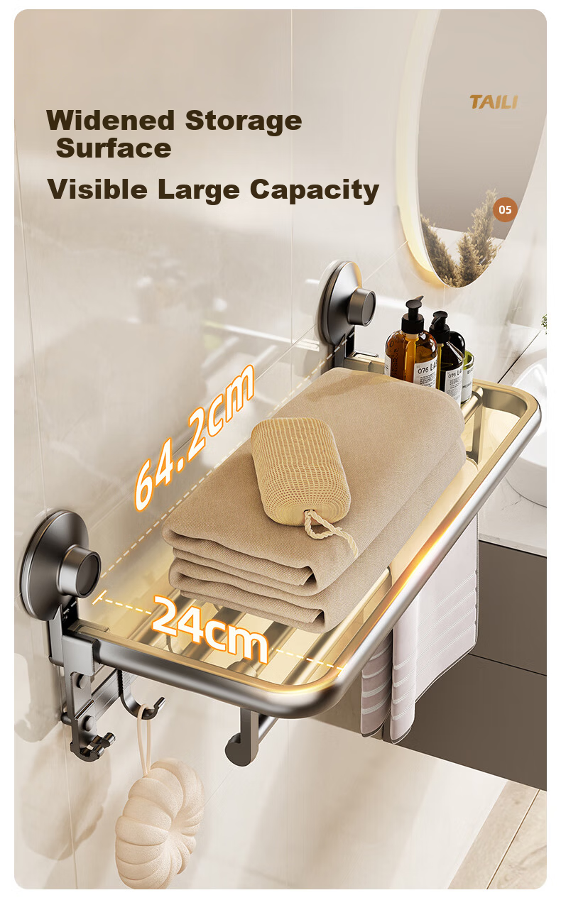 Taili Bathroom Wall-Mounted Storage Rack 4-Piece Set, No-Drill Bathroom Shelf, Nail-Free Towel and Bath Towel Hooks, Corner Rack 5