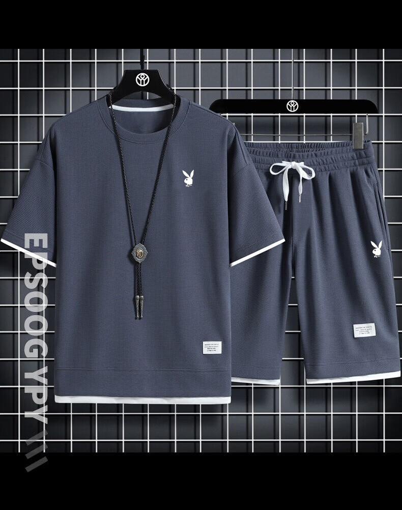 PLAYBOY Father's Day Gift Set Men's Summer Short Sleeve Casual Breathable Outdoor Sports Two-Piece Set with Shorts 5