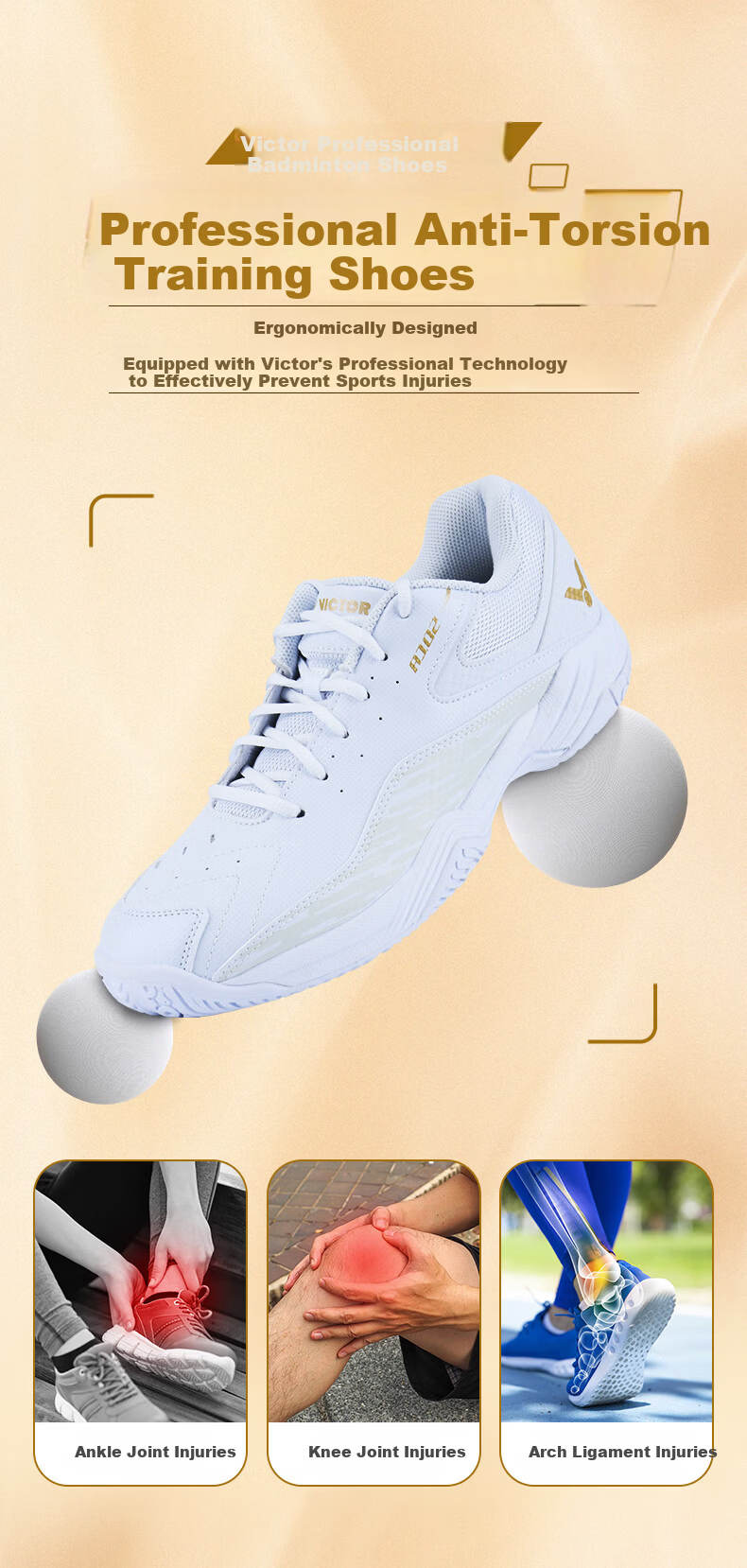 VICTOR Victory Badminton Shoes Unisex A102 High Elasticity Stable Sports Badminton Shoes White Gold Color Size 39 4