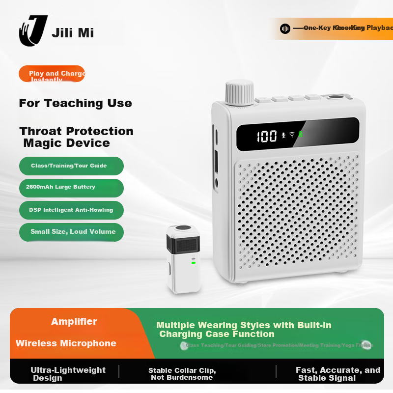 JiliMi Wireless Magnetic Clip-on Lavalier Microphone Mini Speaker Teacher Dedicated Bluetooth Speaker U Disk Anti-Howling Speaker Microphone Tour Guide Outdoor Waterproof K1 White