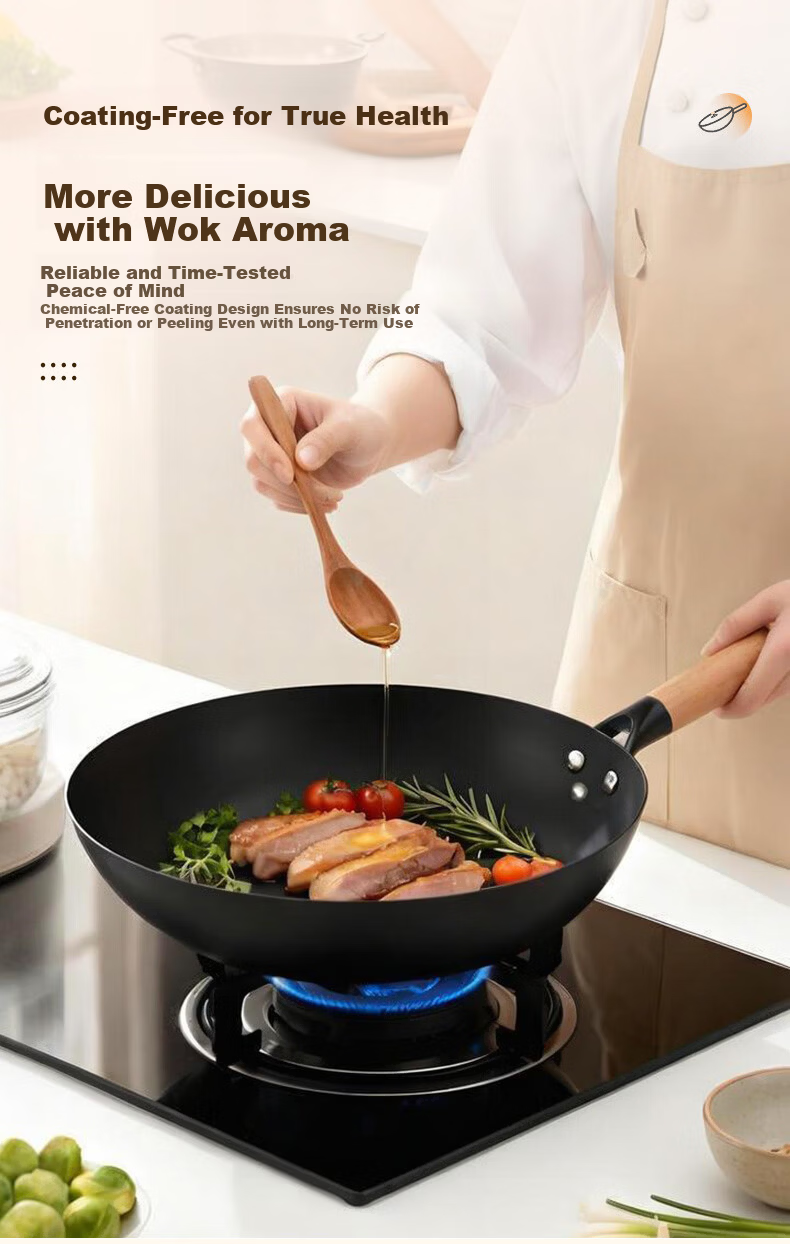 Jingmi Premium Cast Iron Wok 34cm Healthy Non-Coated Iron Frying Pan Universal for Home and Open Flame Cooking 6