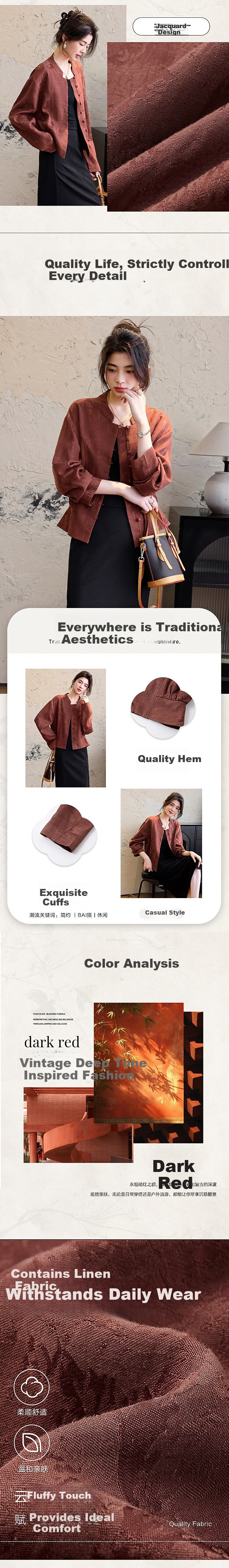 Demana [Rulan Tuyou] Spring and Autumn National Style New Chinese Stand Collar Jacquard Button Pleated Short Jacket for Women 1