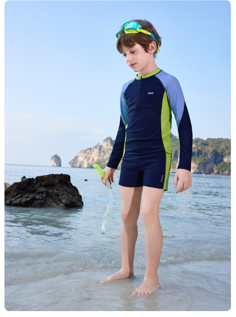ASK JUNIOR Kids Swimwear with Swim Cap Summer Boys Two-Piece Long Sleeve Swimsuit and Shorts Set Professional Training Suit 16