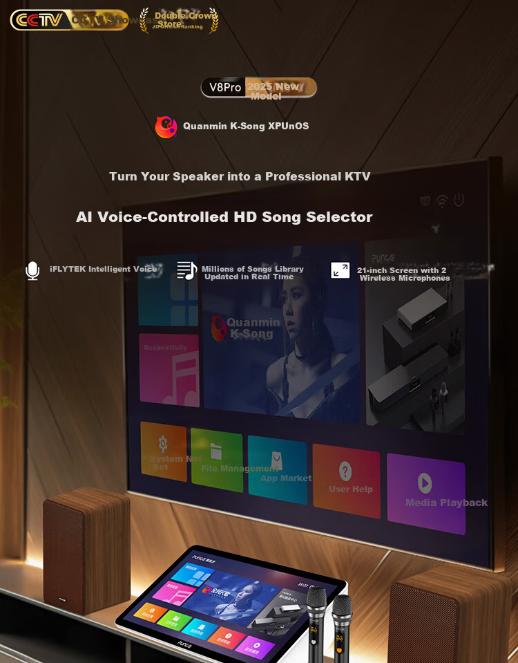 Punos/Bolangsha V8Pro All-in-One AI Voice Control HD Karaoke Machine with Custom Song Library for Quanmin K Ge, Touchscreen Mobile Song Selection, 21-inch, 10 Million Song Library 1