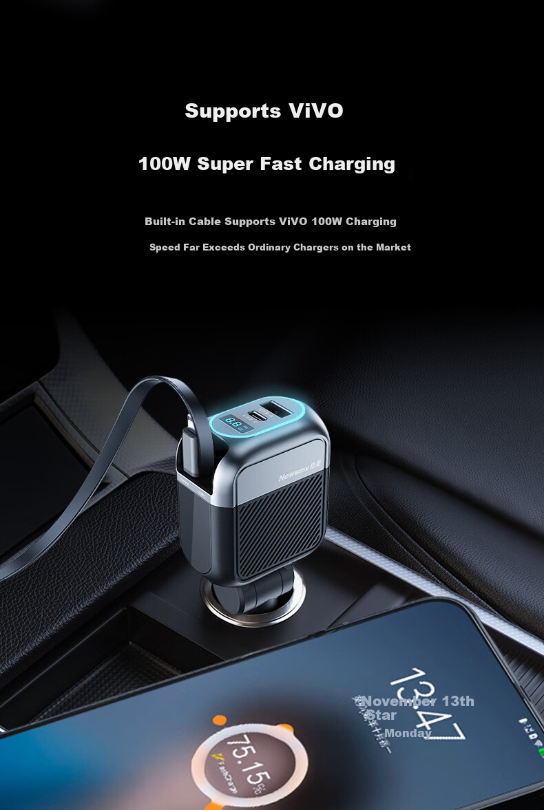 Newsmy Car Charger Super Fast Charging with Retractable Cable Multi-Function 3-in-1 Cigarette Lighter Adapter Car Charger 10