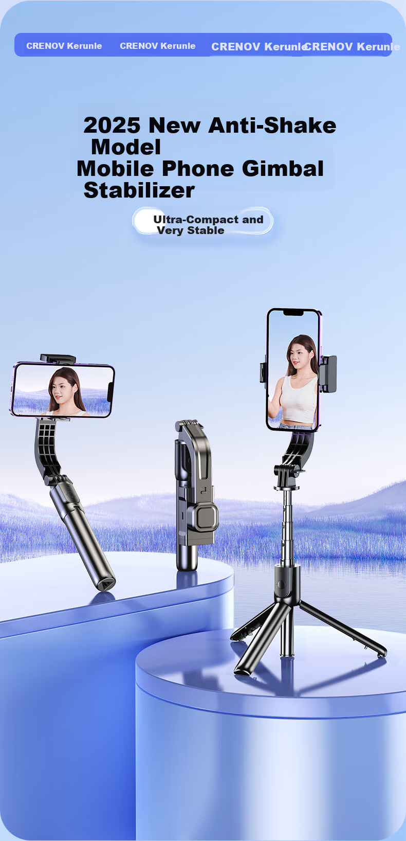 Kerunle Mobile Phone Gimbal Stabilizer Selfie Stick 360° Rotation Auto Face Tracking All-in-One Anti-Shake Tripod Portable Telescopic Outdoor Travel Video Shooting 1
