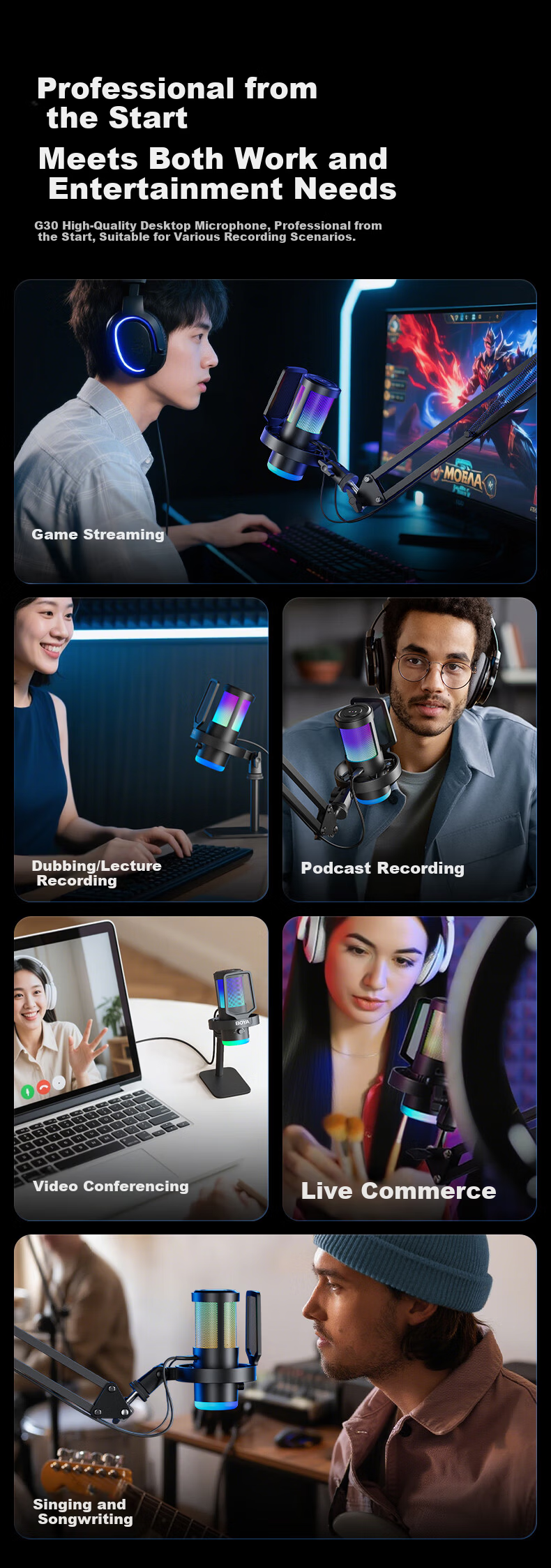 BOYA G30 Computer Live Streaming Microphone Gaming Condenser Desktop Microphone for K-Singing, Dubbing, Recording, Video Conferencing with Noise Reduction 9