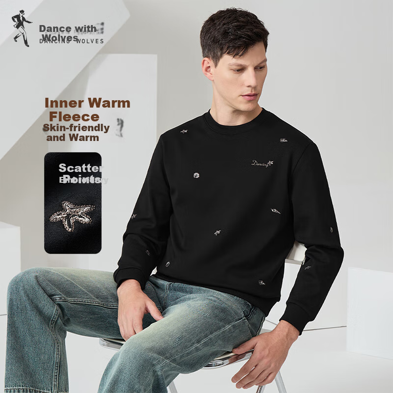 Dancing with Wolves [Fleece Lined Warmth] Autumn Winter Embroidered Round Neck Thickened Men's Sweatshirt 001 Black 175