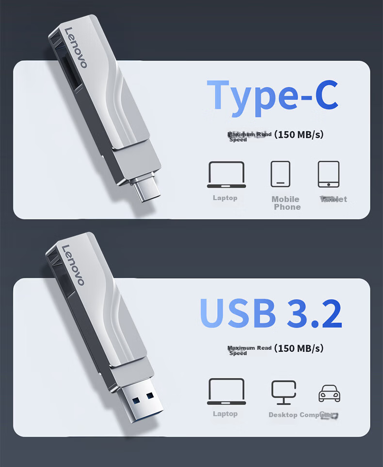 Lenovo 32GB Type-C Dual Interface USB 3.2 High-Speed Metal USB Flash Drive for Phone and PC, Large Capacity, Dual-Head, Car, Study, Office, Business USB Drive X5U - Silver 11