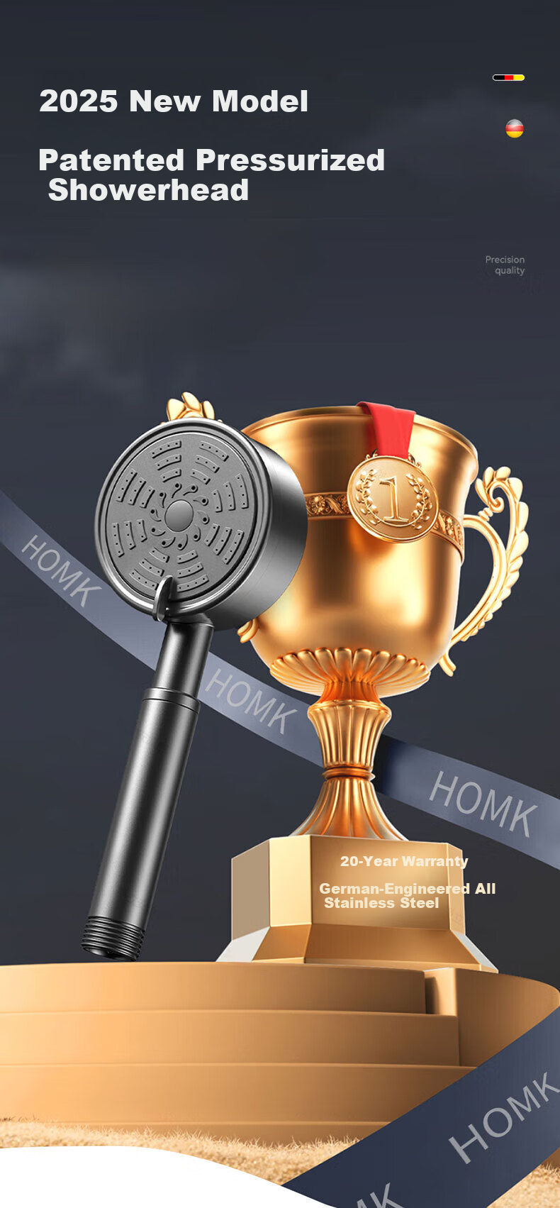 HOMK German Pressurized Shower Head 304 Stainless Steel High-Pressure Shower Sprayer 1
