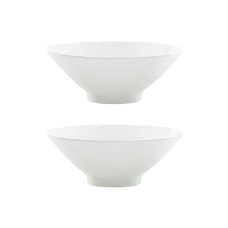 JIWUSENLIN Nordic Conical Bowl Ceramic Tableware Vertical Striped Bowl for Home Use, Microwave Safe, Pure White 7-Inch Bowl Set of 2
