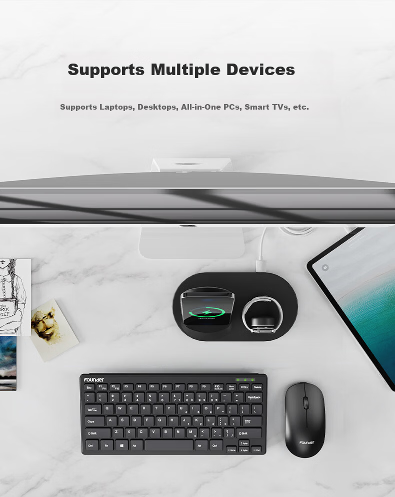 Founder W6226 Chocolate Keycaps Wireless Mini Keyboard and Mouse Set Portable Ultra-thin External Laptop Small Keyboard Wireless Compact Keyboard and Mouse Set Black 9