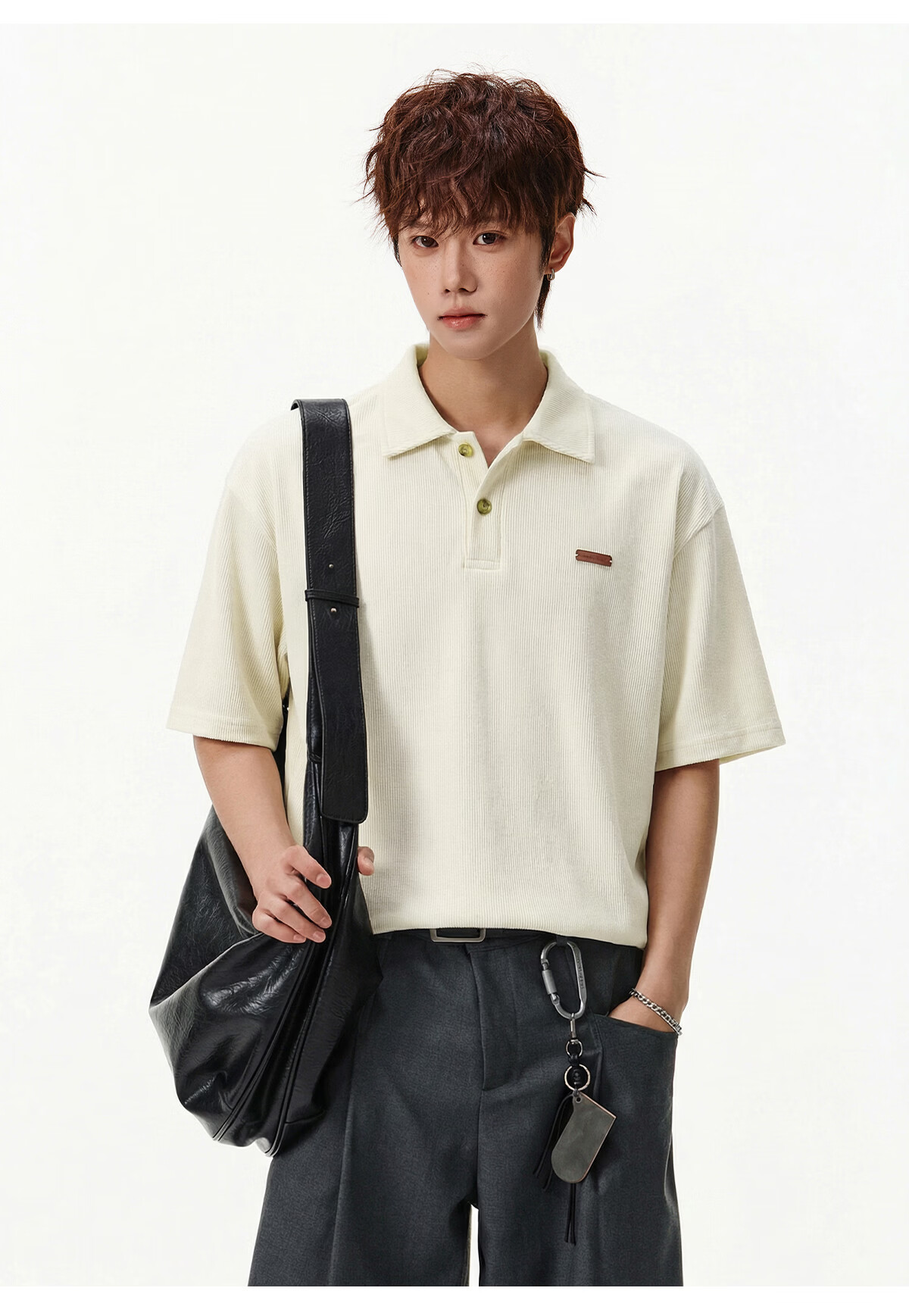 POUM Japanese Style Trendy Men's Polo Shirt Short Sleeve Summer Premium Texture Casual T-Shirt MP7201 Off-White M 5