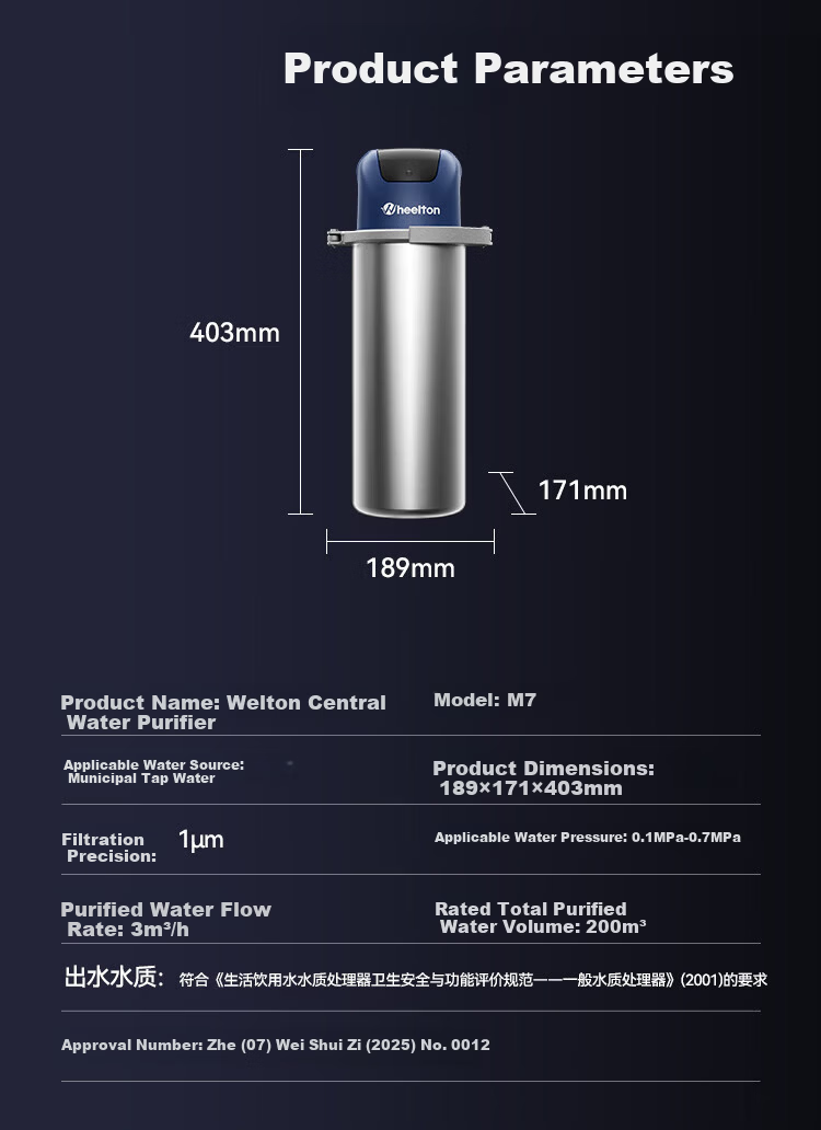 Welton M7 Central Water Purifier Whole House Pre-Filter Under-Sink Explosion-Proof Large White Bottle High Flow Commercial Restaurant Chlorine Removal Water Filter Home Tap Water System 17