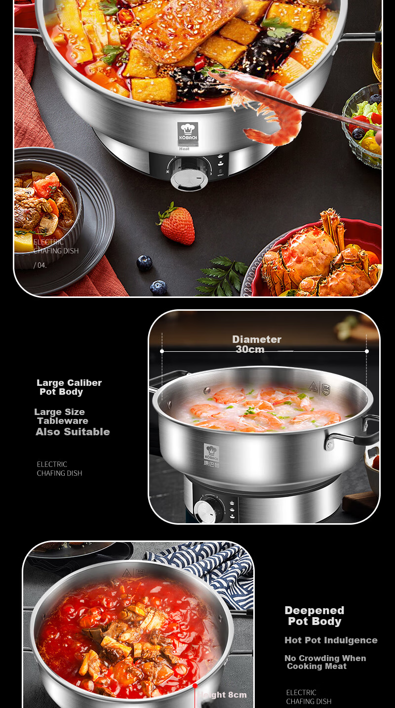 Kambach Small Electric Hot Pot 1-2 Person Non-Coated Stainless Steel Ultra-Fast Boiling Multi-Functional Household Electric Frying Pan 304 Hot Pot Steamer 24cm 6