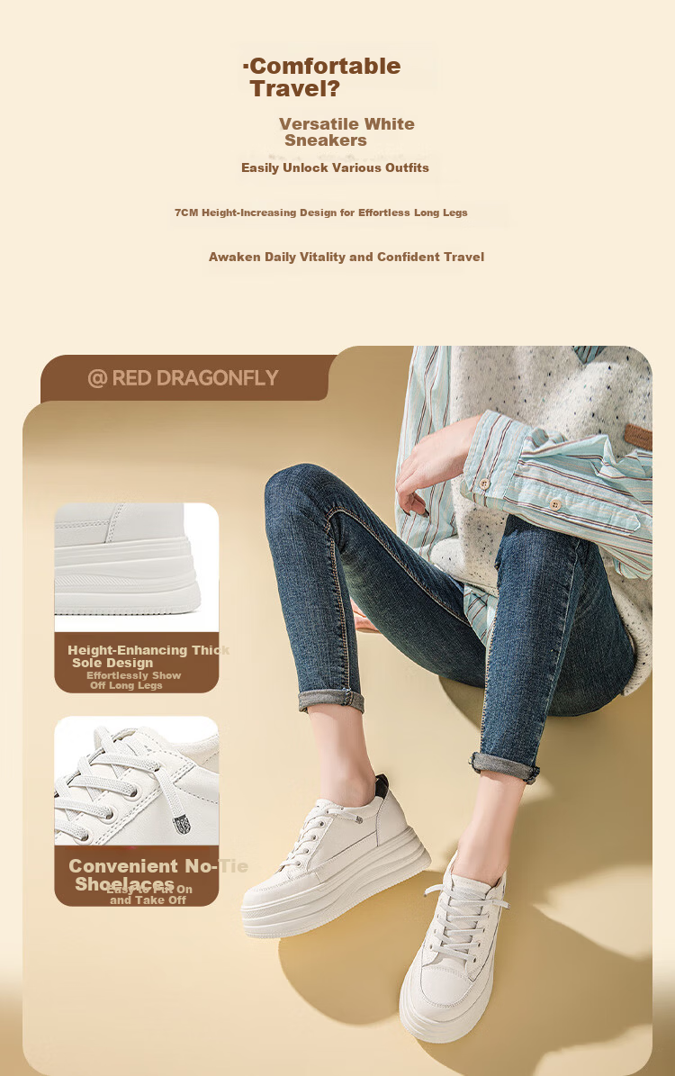 Red Dragonfly Women's Classic Thick Sole Height Increasing White Sneakers Simple Versatile Casual Shoes WPB15032 Beige/Black Size 36 3